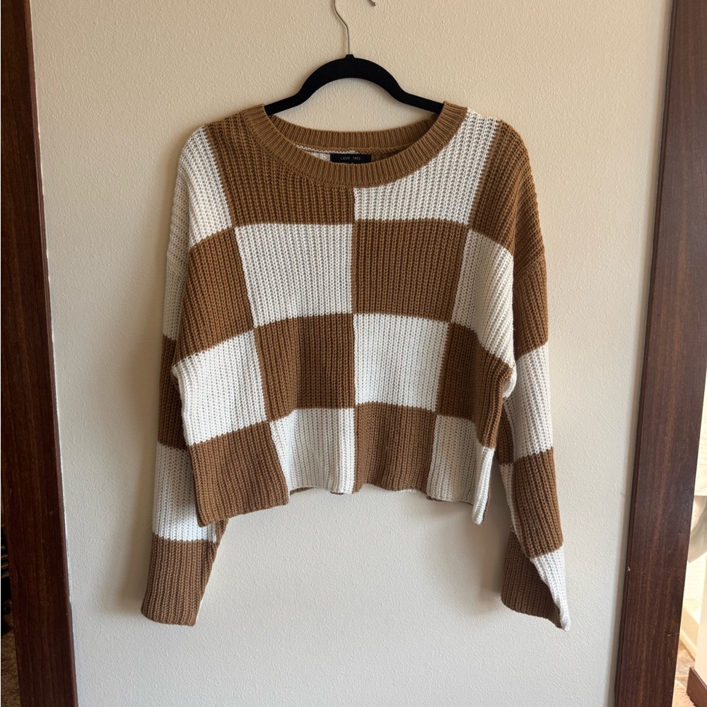Love Tree Tan and White Plaid Sweater